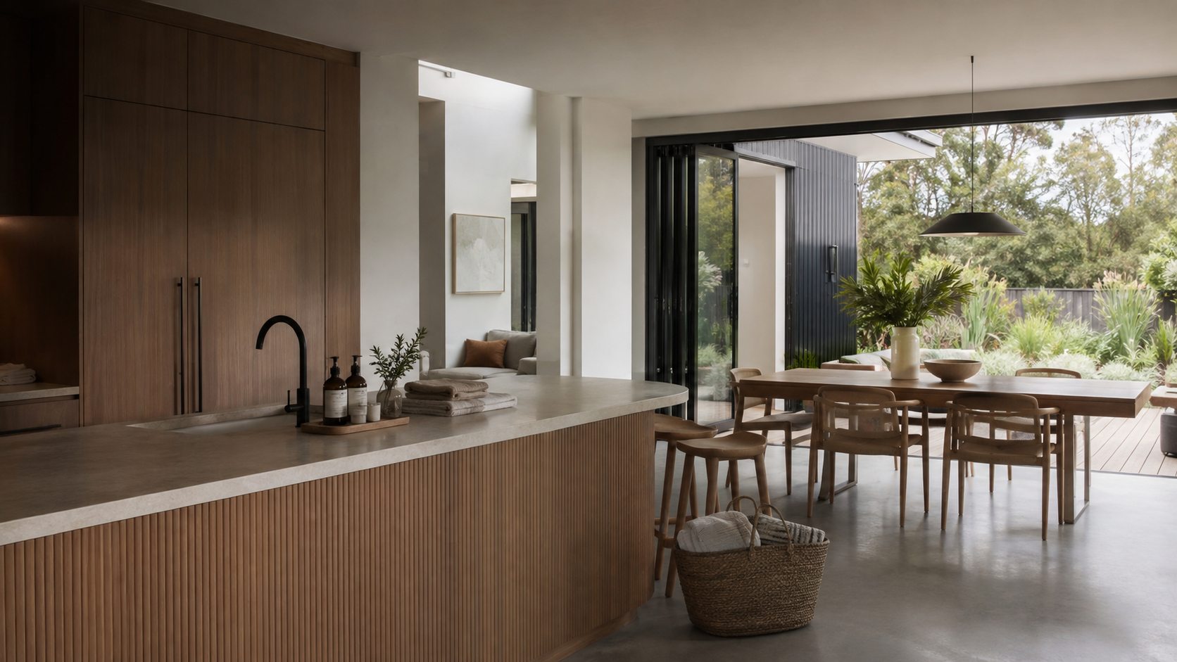 Guest-ready kitchen and dining area in an Australian coastal home