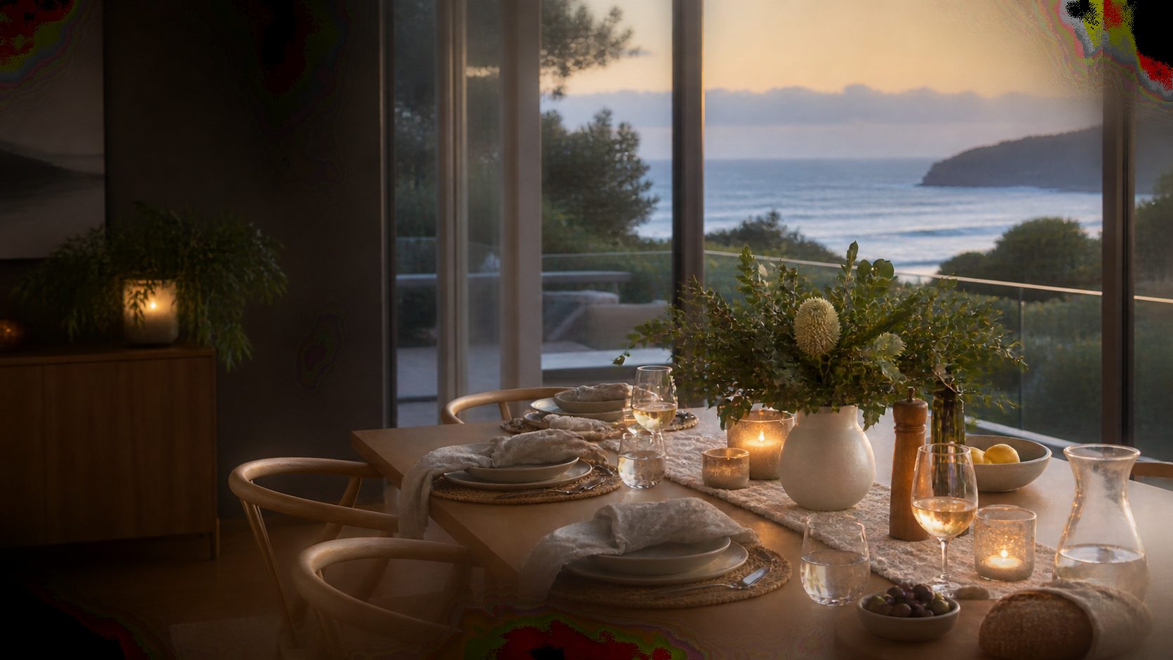 Coastal holiday-home dining setting prepared for arriving guests